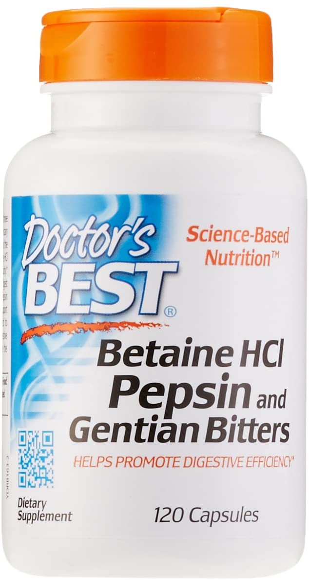 Doctor's Best, Betain HCI mit Pepsin und bitterer Enzian, 650mg, 360 Kapseln - Vollspektrum Verdauungsenzyme, gentechnikfrei